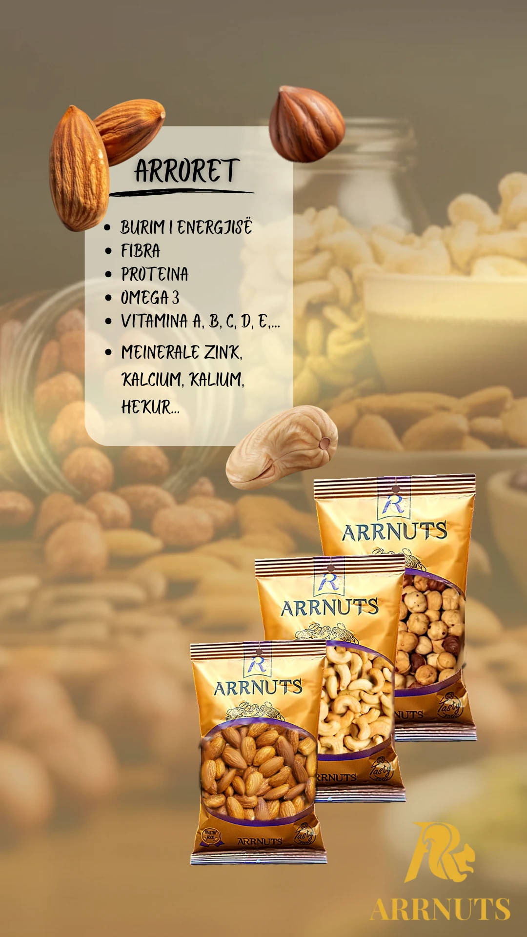 arrnuts, nuts, protein, omega3, arrore, bajame, lajthia,festek, stika