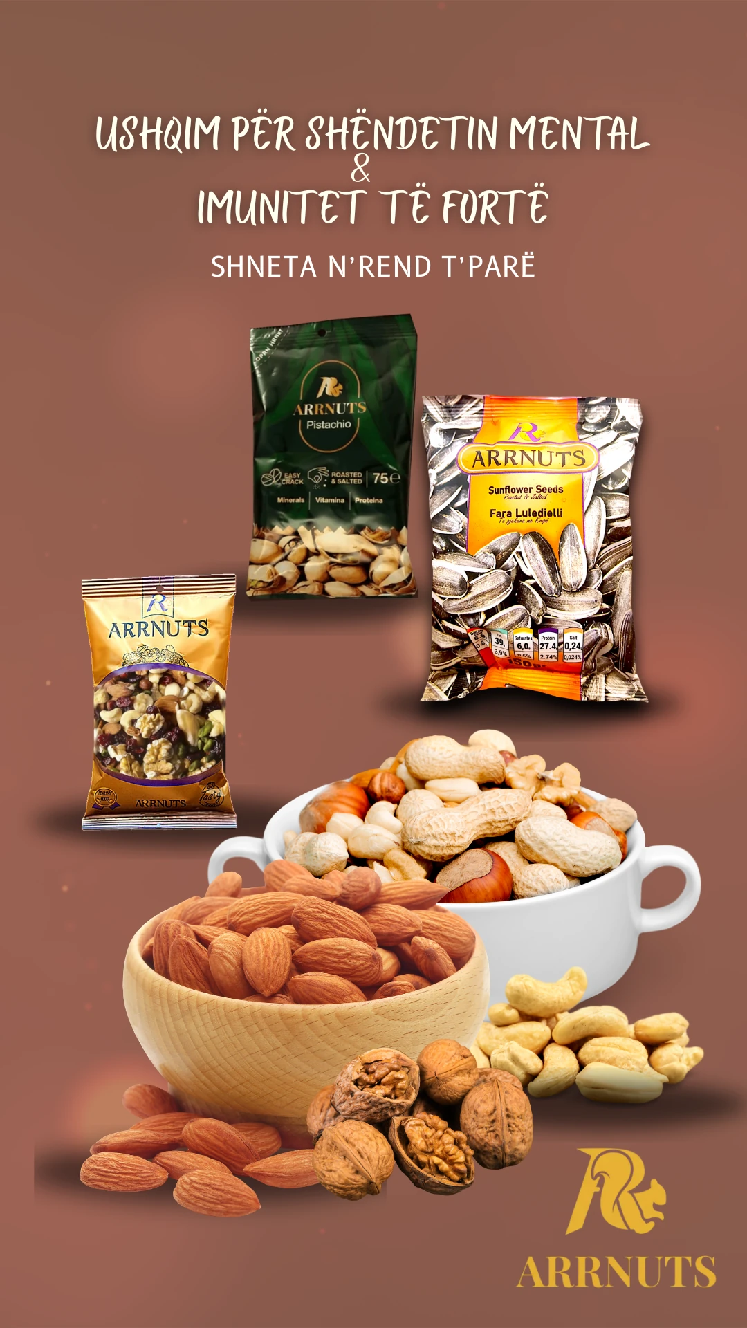 arrnuts, nuts, protein, omega3, arrore, bajame, lajthia,festek, stika